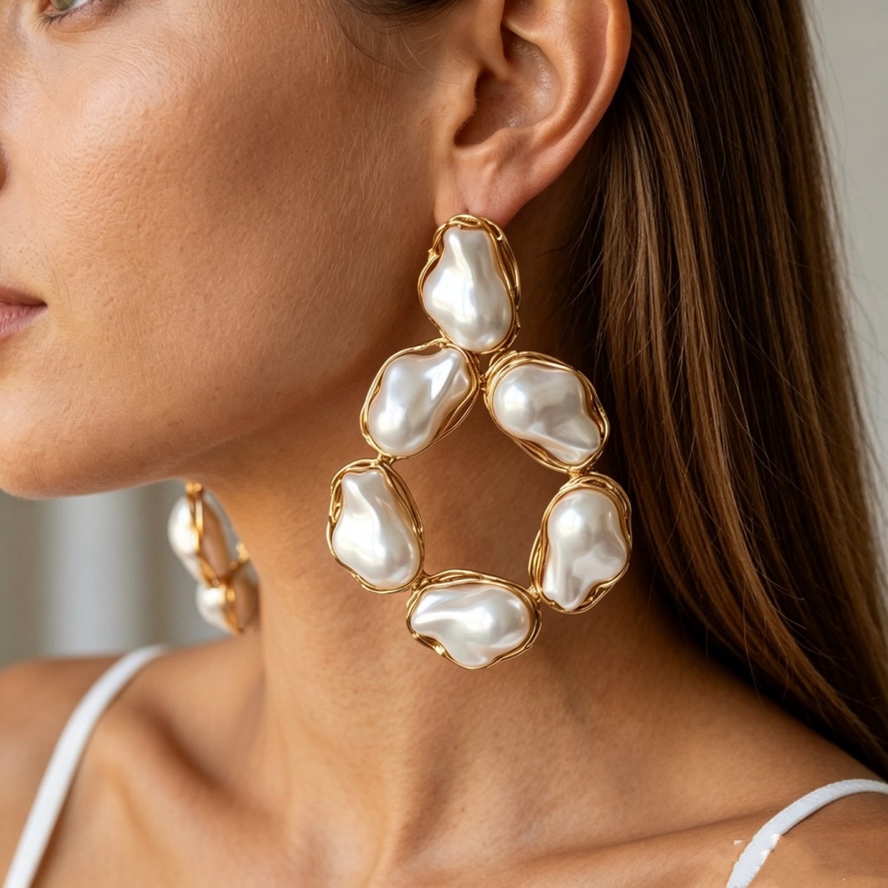 Gold and Pearl Statement Drop Earrings - Elegant Women Jewelry